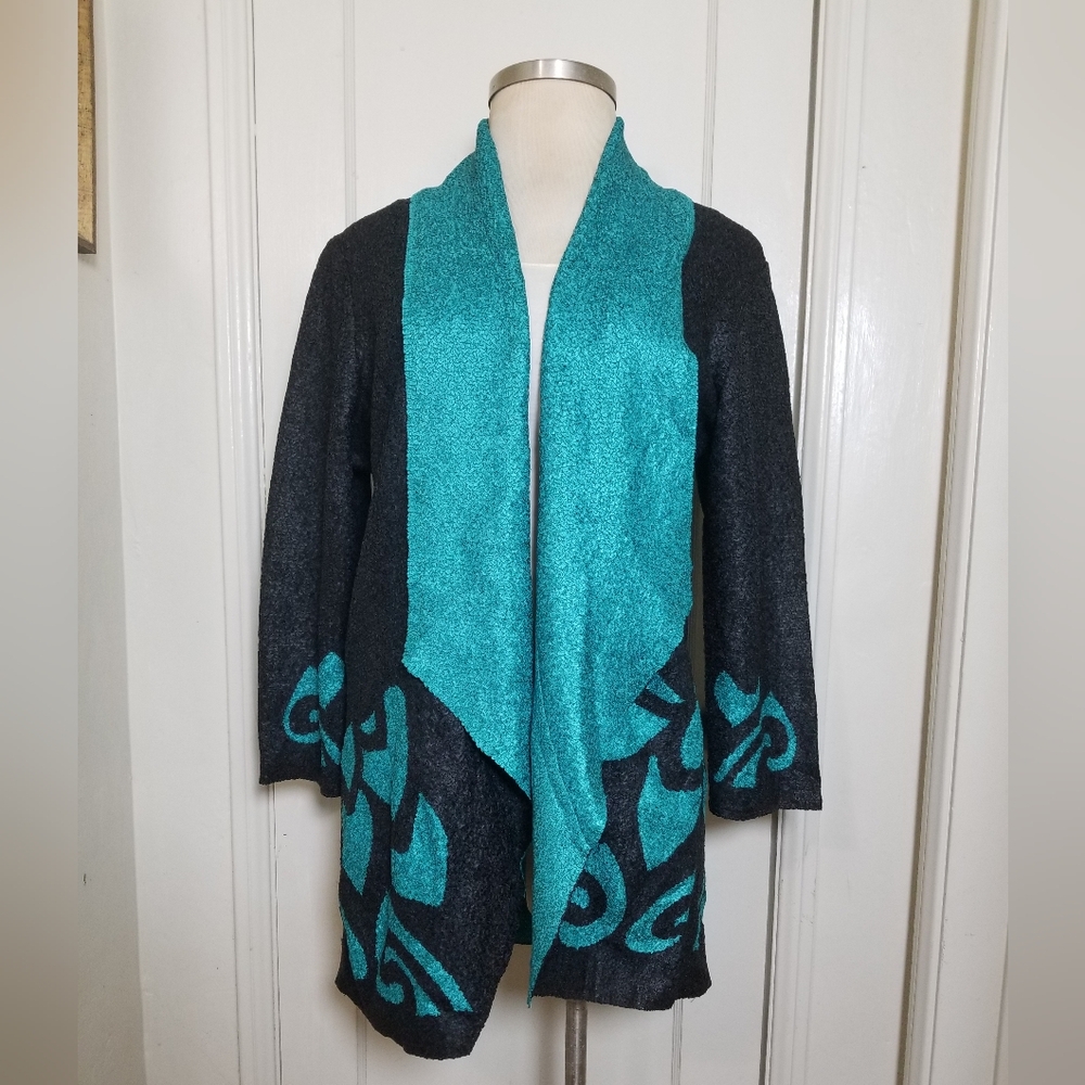 CRUSH FASHION teal Black Open Front Polyester Stretch Jacket One Size